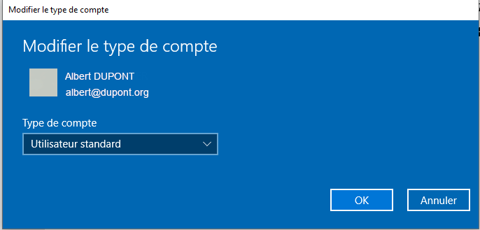 Le changement de type de compte Windows